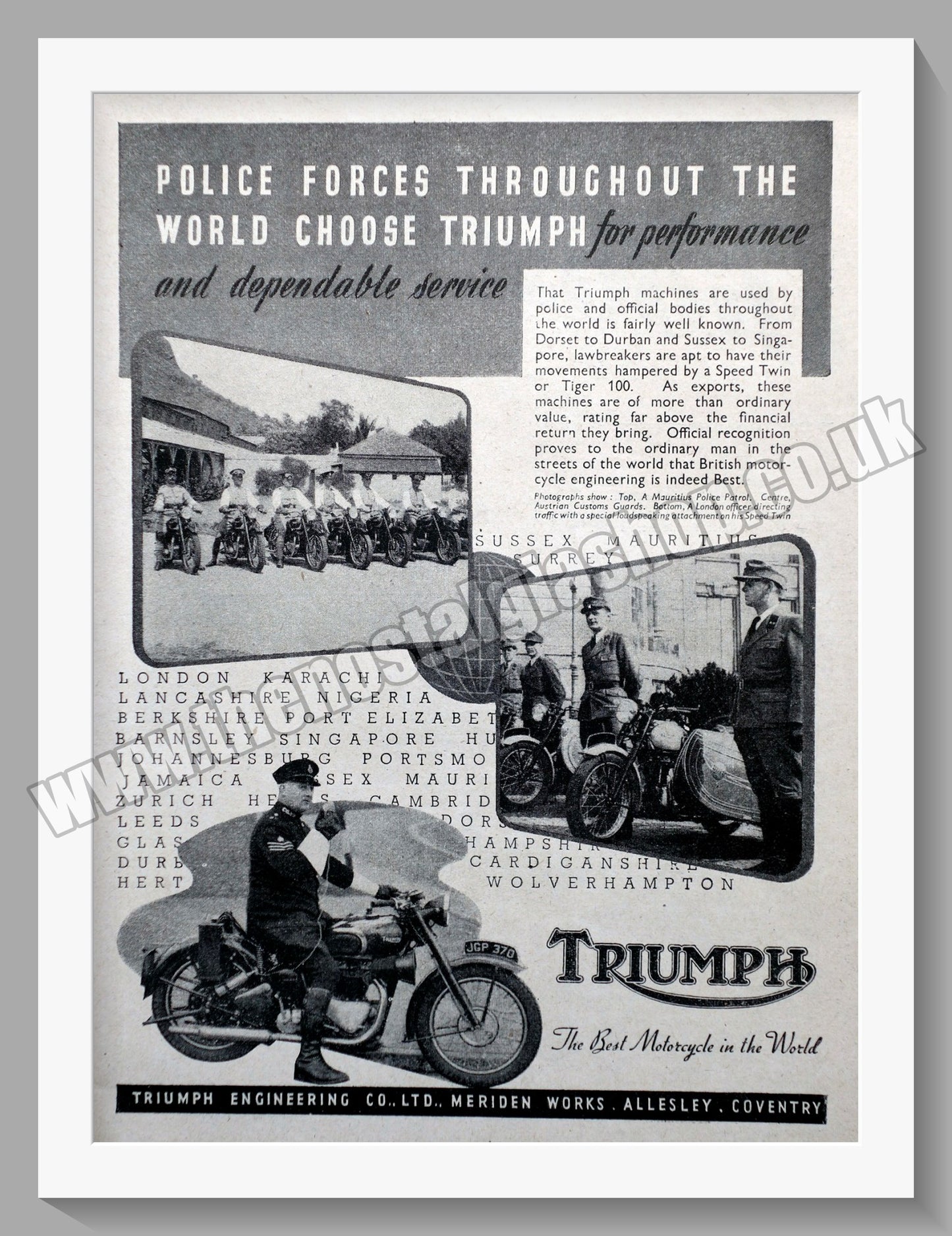 Triumph Motorcycles for the Police Forces. Original advert 1948 (ref AD57930)