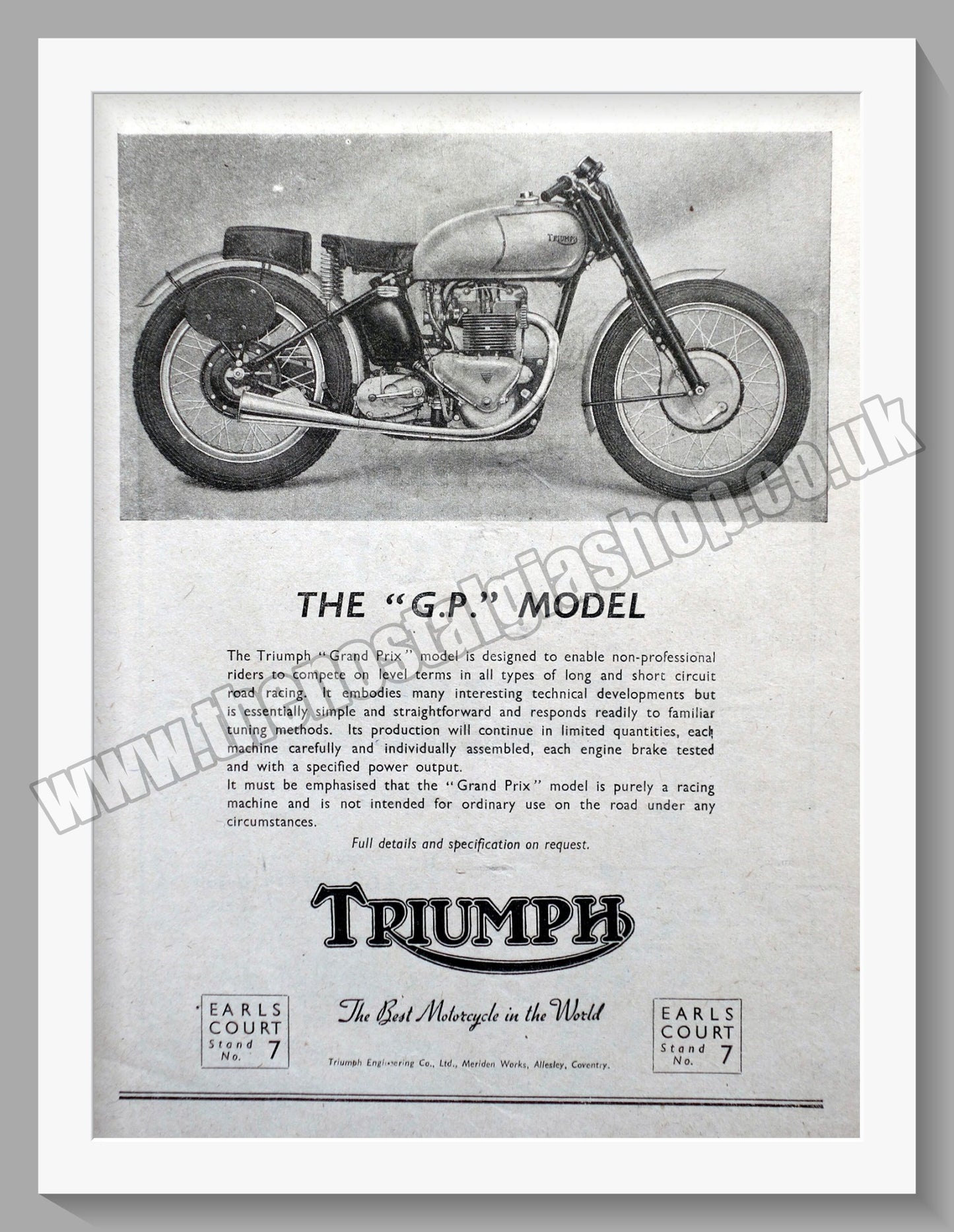 Triumph GP Motorcycle. Original advert 1948 (ref AD57932)