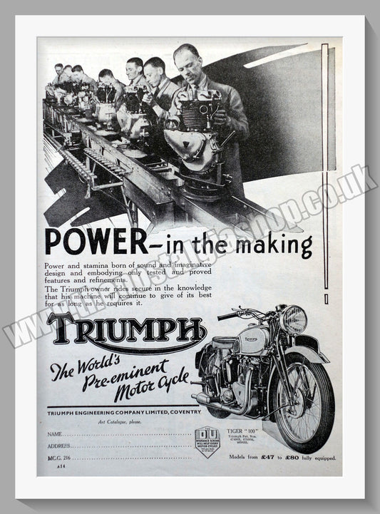 Triumph Motorcycles. Original advert 1939 (ref AD57936)
