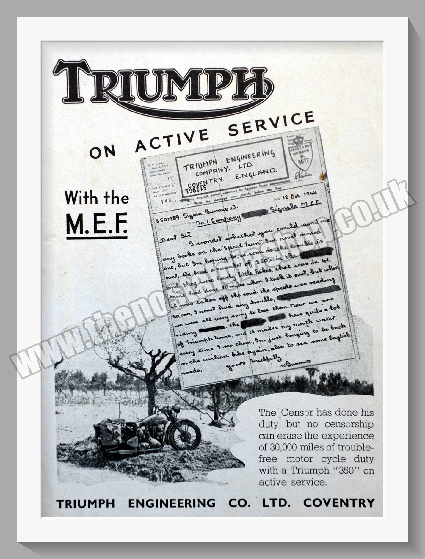 Triumph Motorcycles On Active Service. Original advert 1945 (ref AD57937)