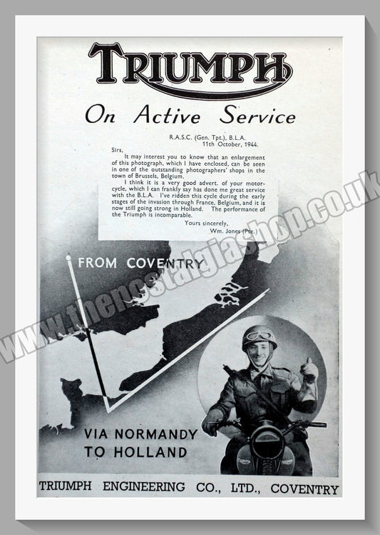 Triumph Motorcycles On Active Service. Original advert 1945 (ref AD57938)