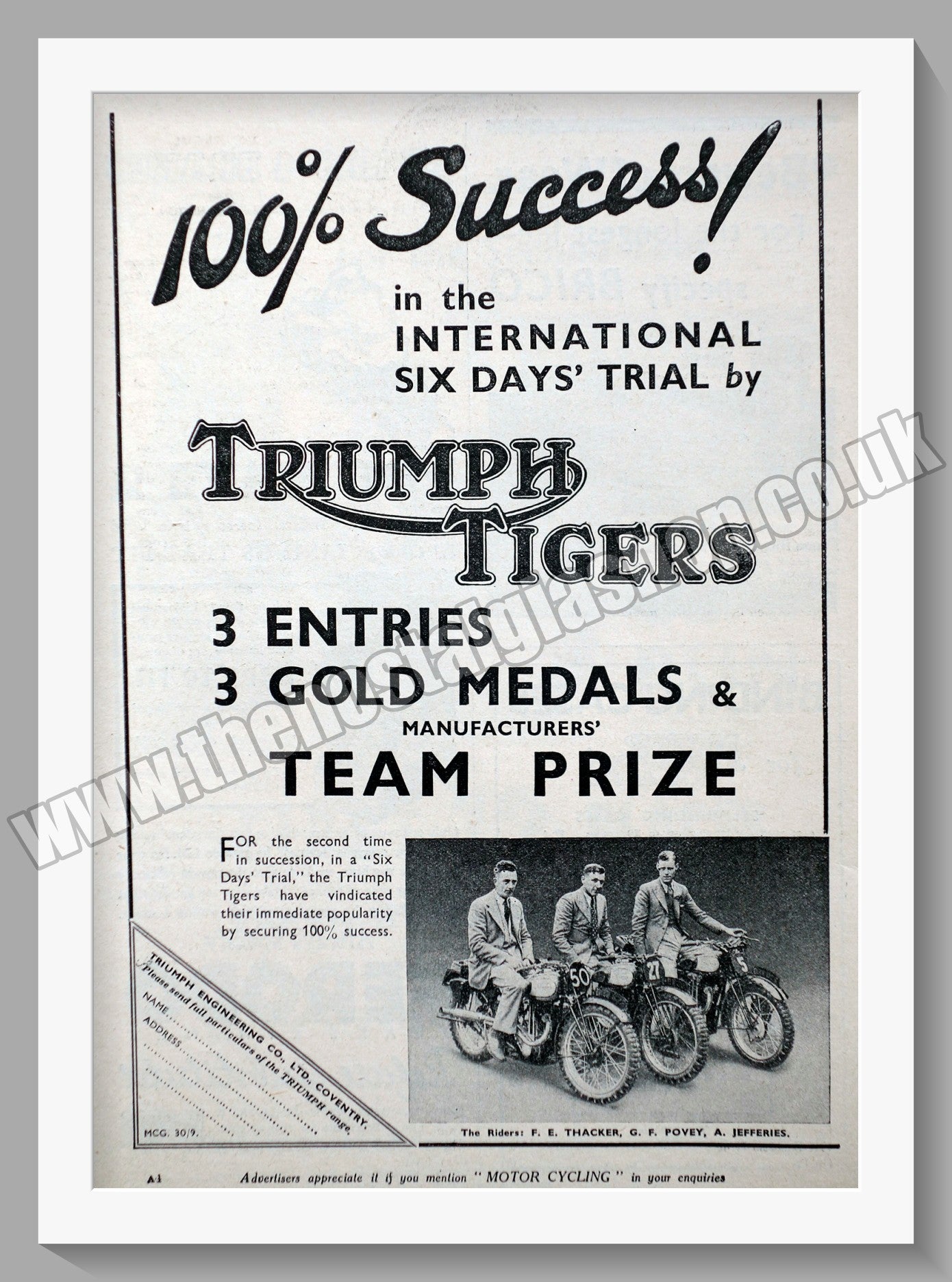 Triumph Tigers Motorcycles. Original advert 1936 (ref AD57982)