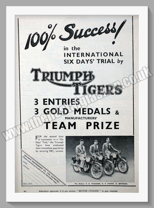 Triumph Tigers Motorcycles. Original advert 1936 (ref AD57982)