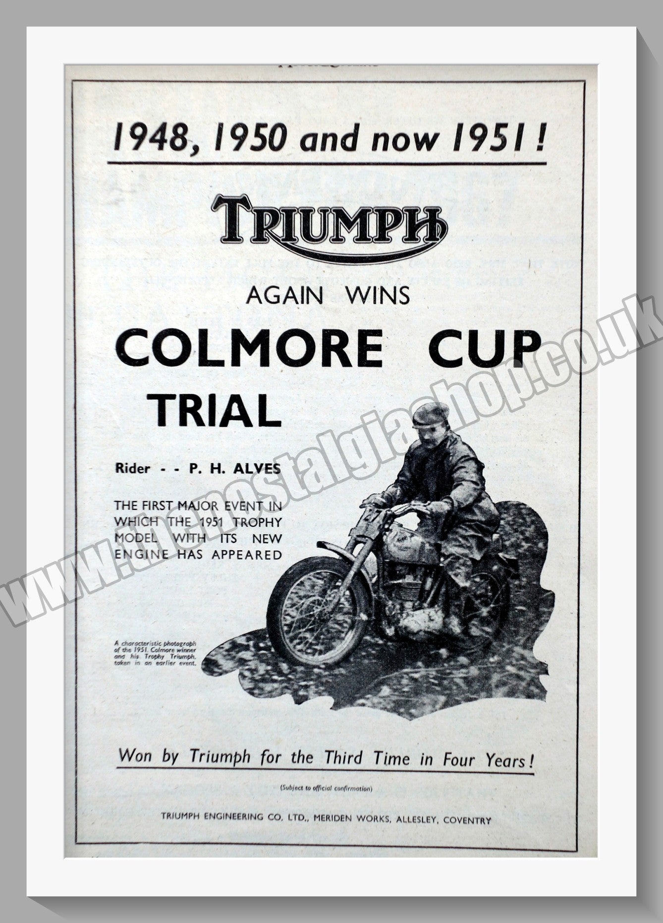 Triumph Motorcycles Colmore Cup Trials. Original advert 1951 (ref AD57984)
