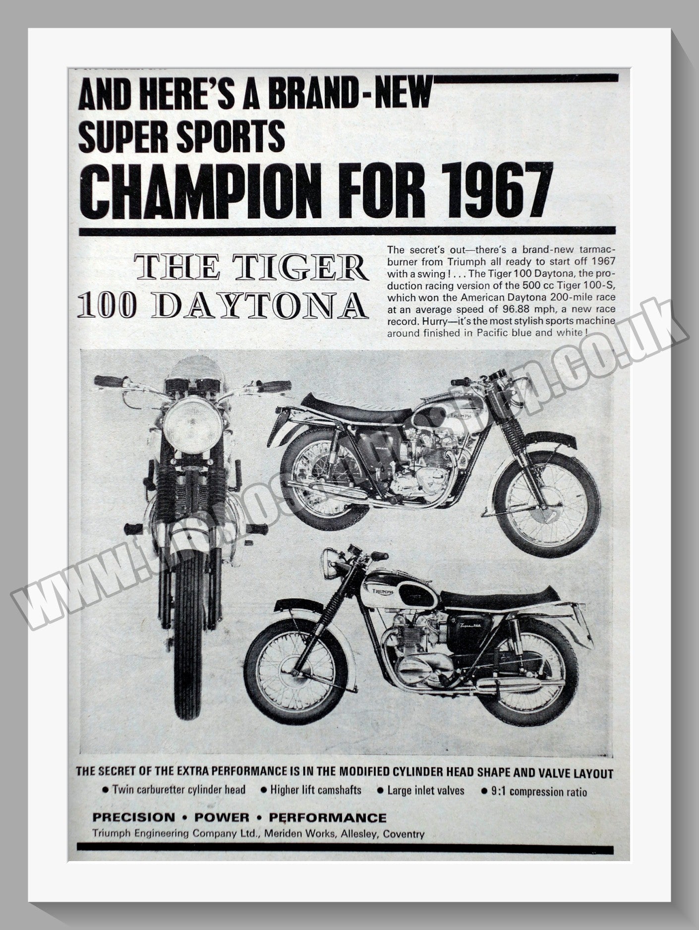 Triumph Motorcycles Tiger 100 Daytona. Original advert 1966 (ref AD57985)