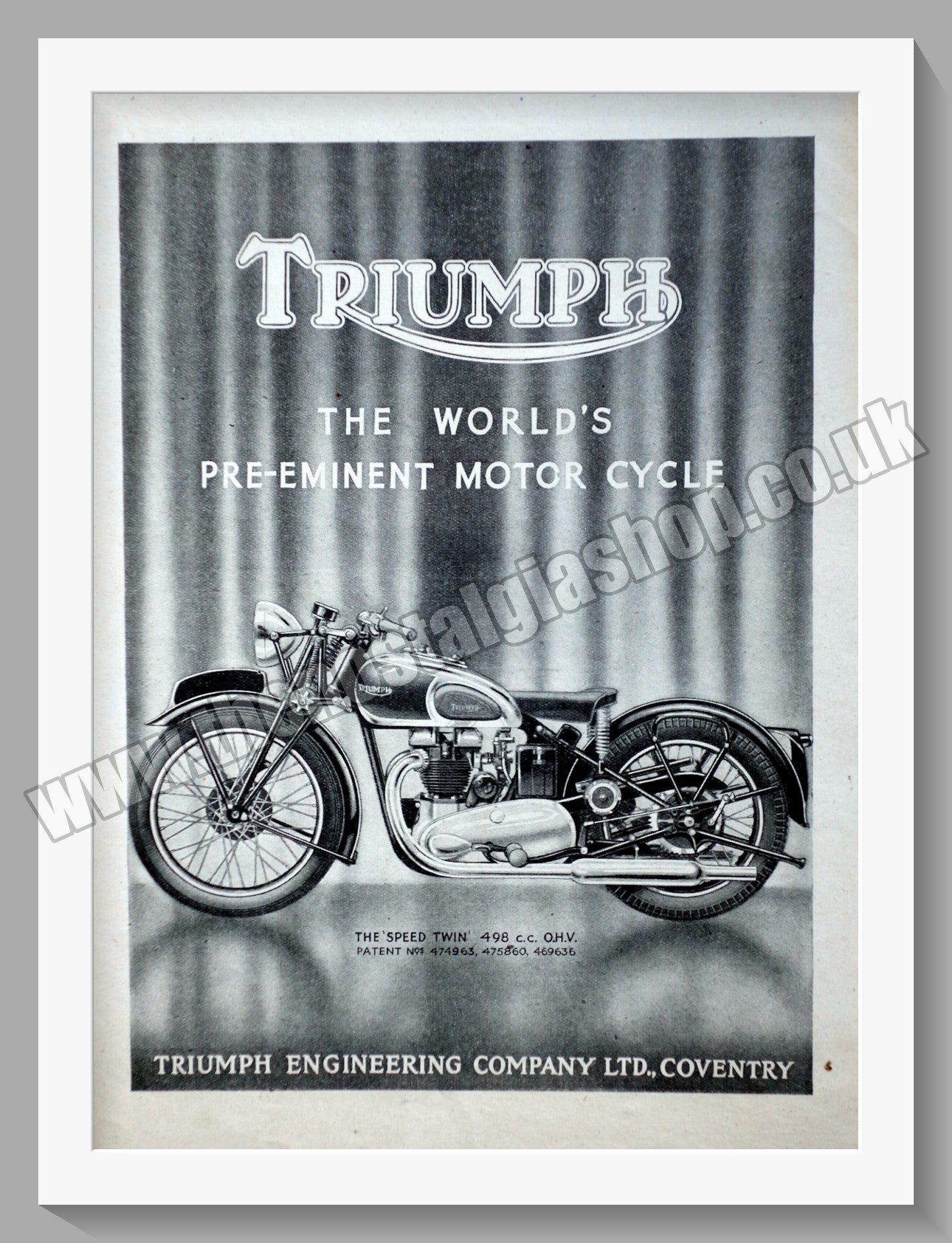Triumph 498cc Motorcycles. Original advert 1945 (ref AD57988)