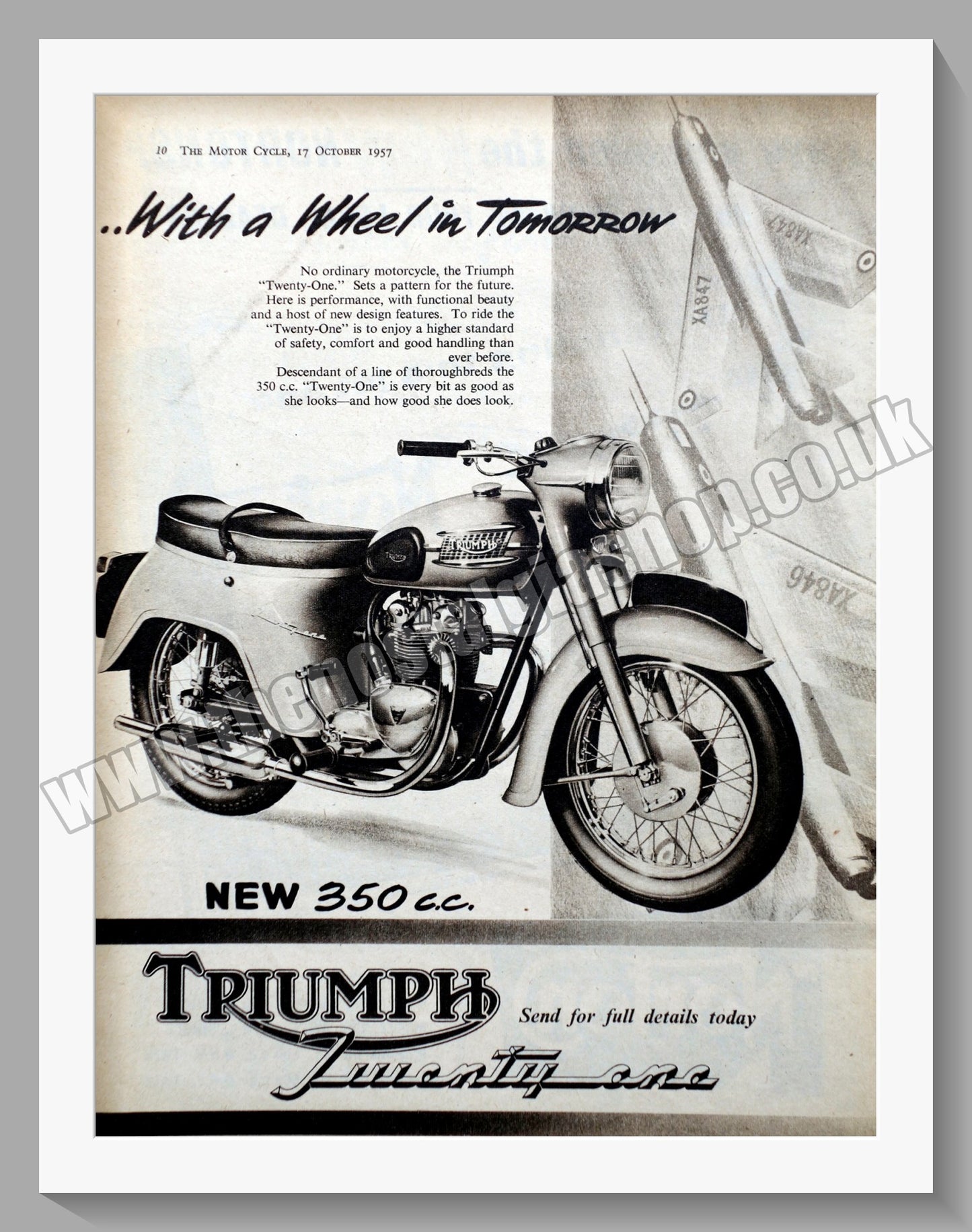 Triumph Twenty One Motorcycles. Original advert 1957 (ref AD58011)