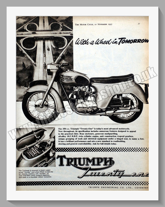 Triumph Twenty One Motorcycles. Original advert 1957 (ref AD58013)