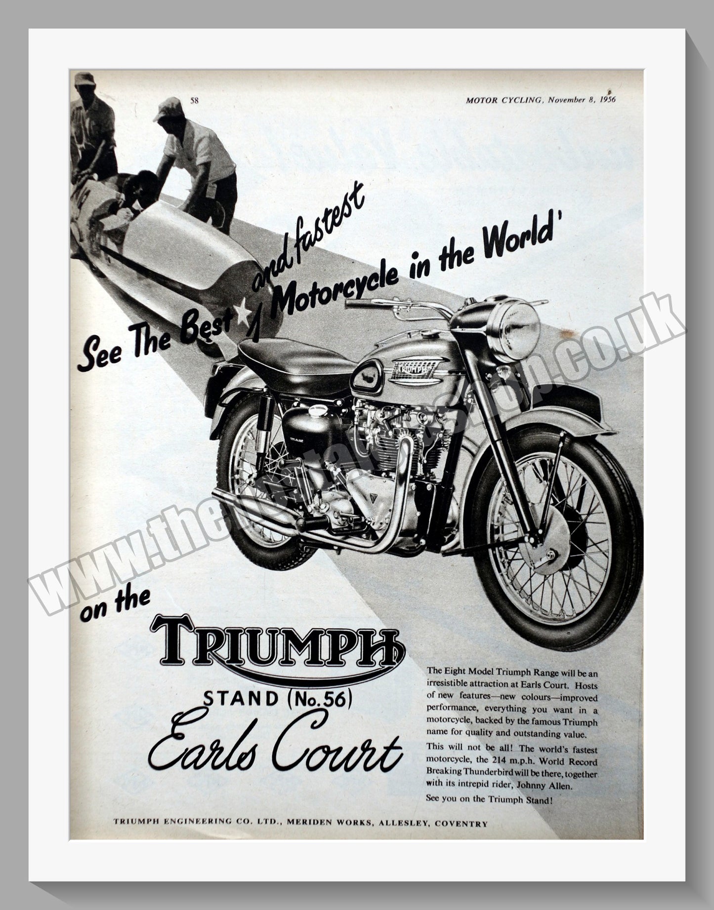 Triumph Motorcycles At Earls Court. Original advert 1956 (ref AD58017)