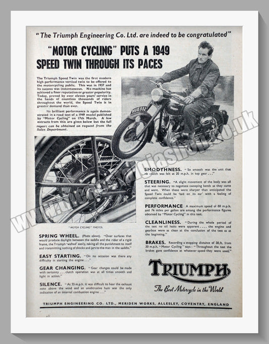 Triumph Motorcycles. Original advert 1949 (ref AD58018)