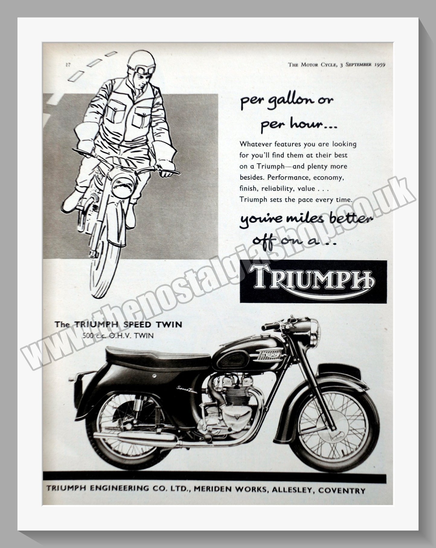 Triumph Speed Twin 500cc Motorcycles. Original advert 1959 (ref AD58024)