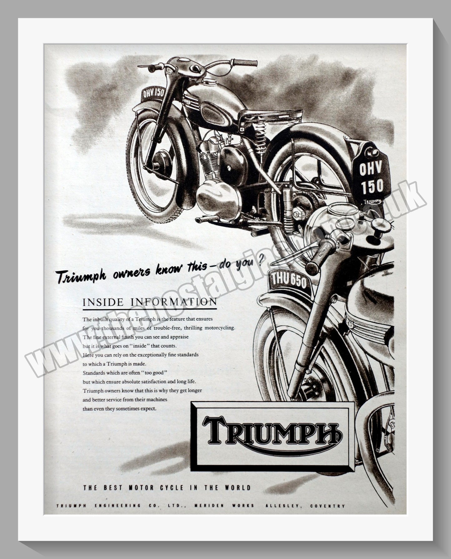 Triumph Motorcycles. Original advert 1953 (ref AD58027)