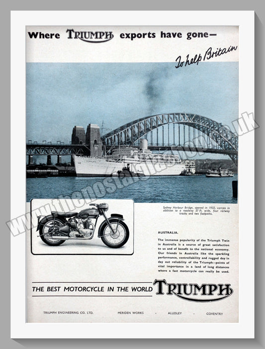 Triumph Motorcycles Twin In Australia. Original advert 1950 (ref AD58046)