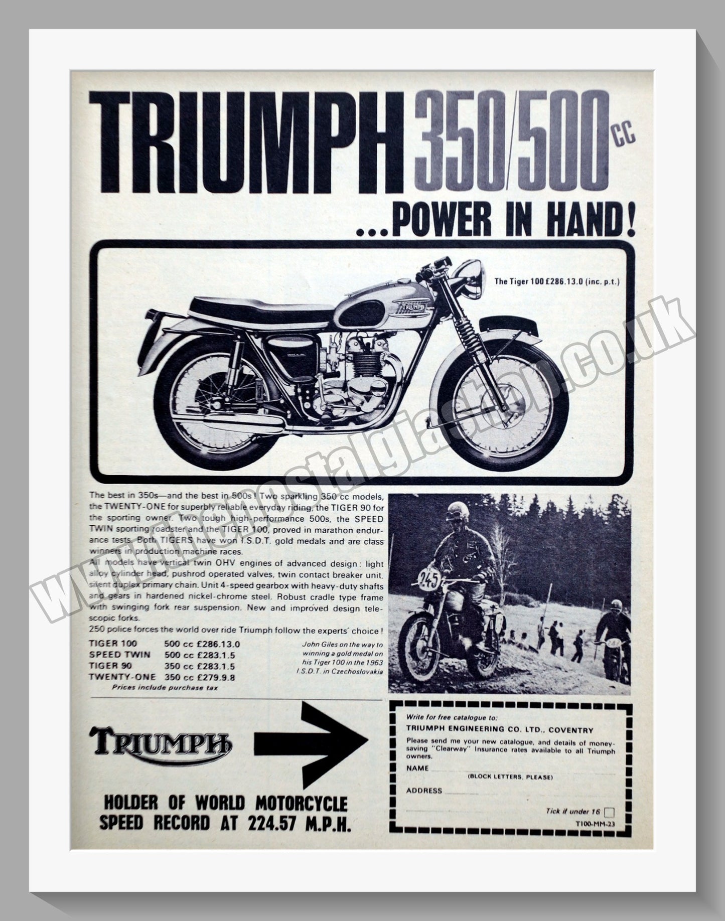 Triumph 350/500cc Motorcycles. Original advert 1964 (ref AD58101)