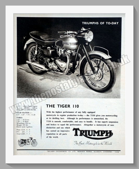 Triumph Tiger 110 Motorcycles. Original advert 1956 (ref AD58119)