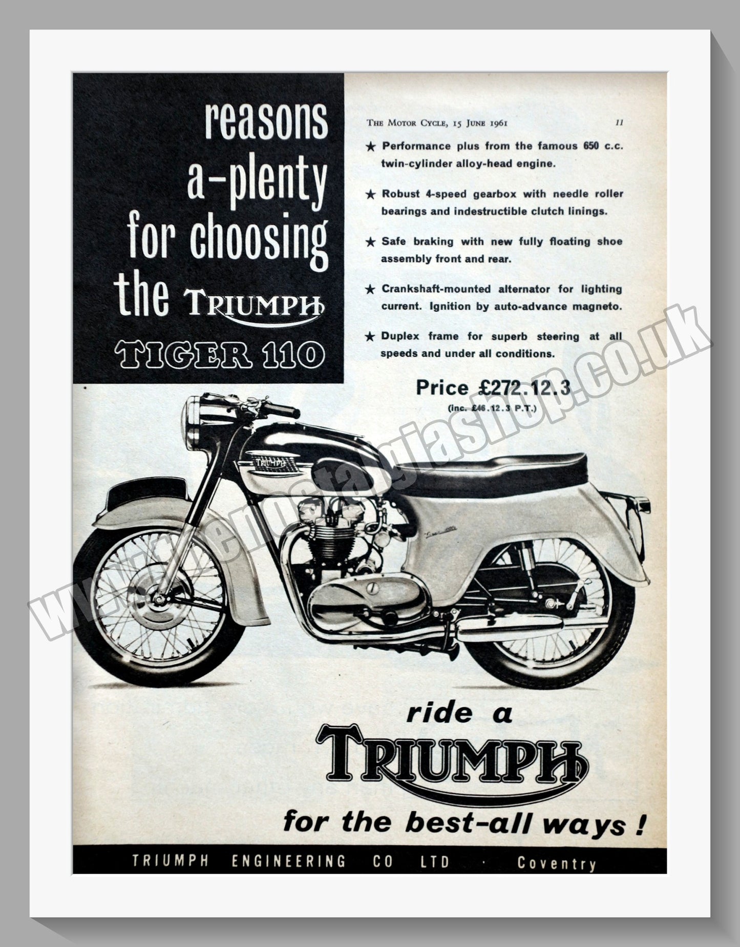 Triumph Tiger 110 Motorcycles. Original advert 1961 (ref AD58120)