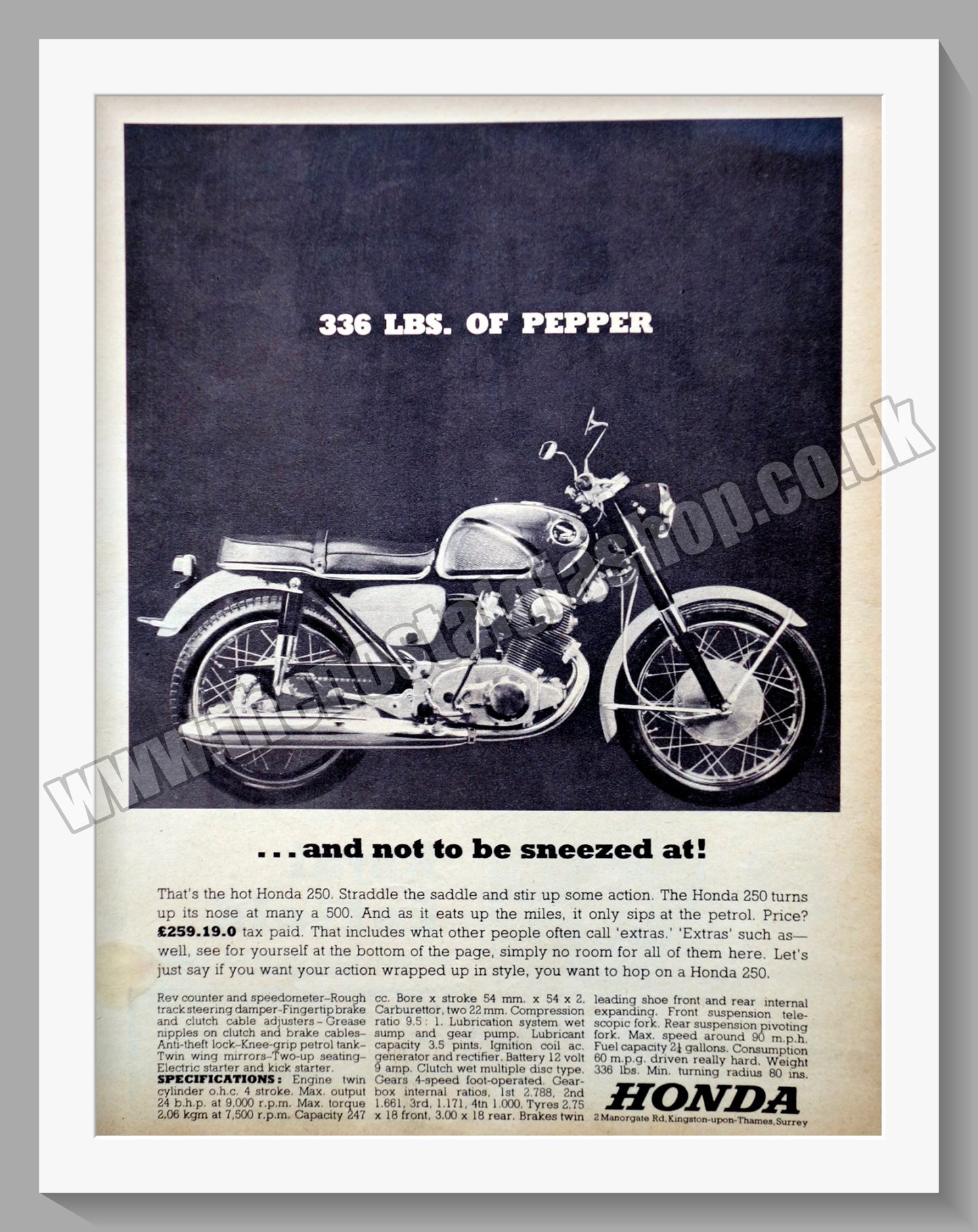 Honda 250 Motorcycle. Original advert (ref AD58137)