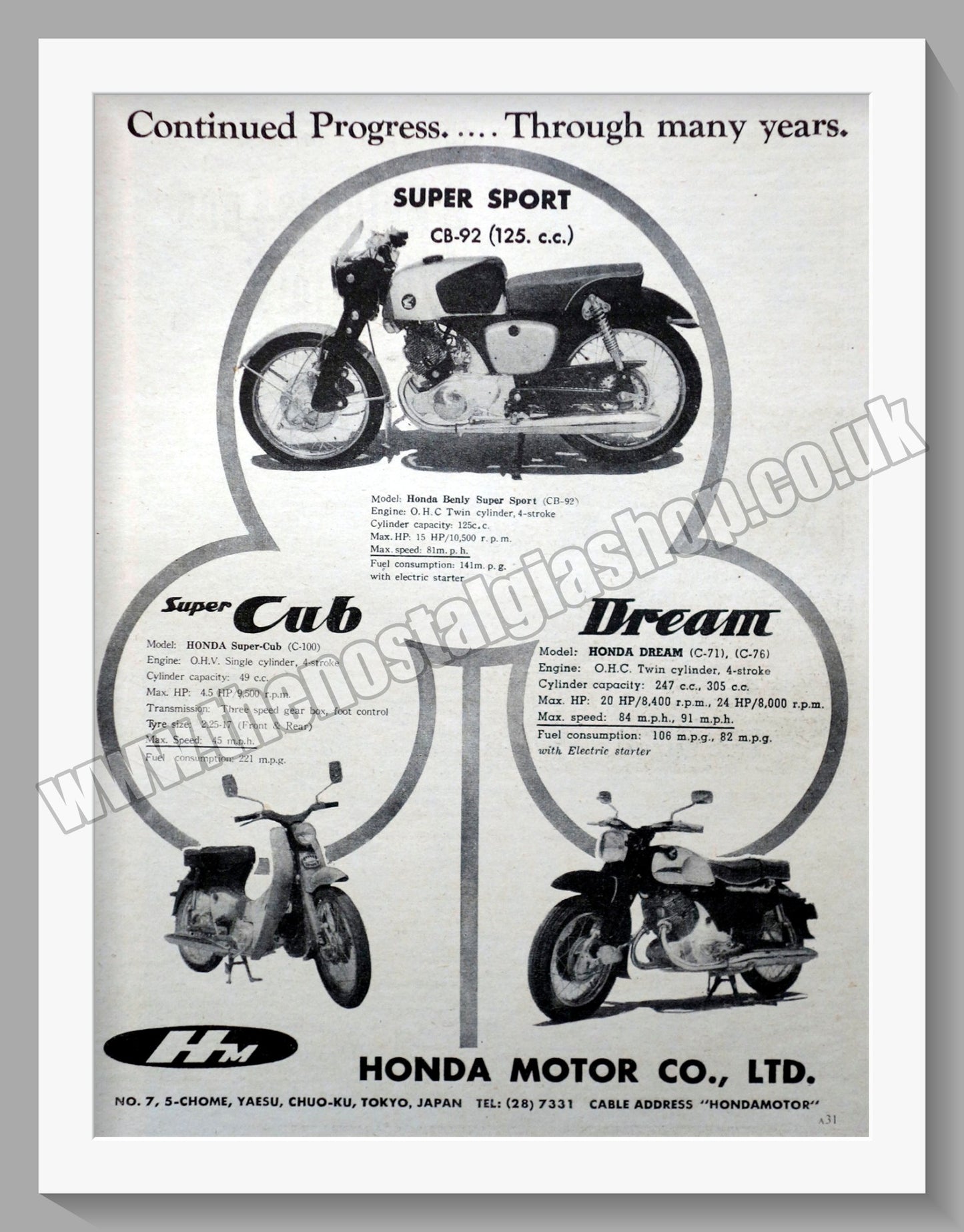 Honda Motorcycles.  1959 Original advert (ref AD58162)