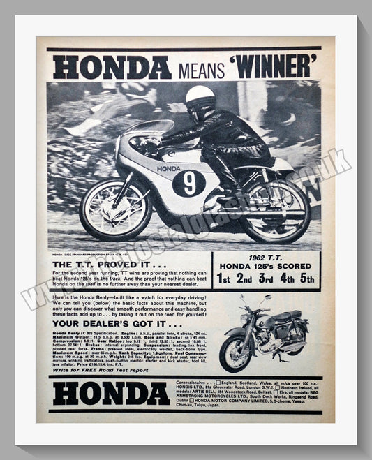 Honda 125 Motorcycle.  1962 Original advert (ref AD58169)