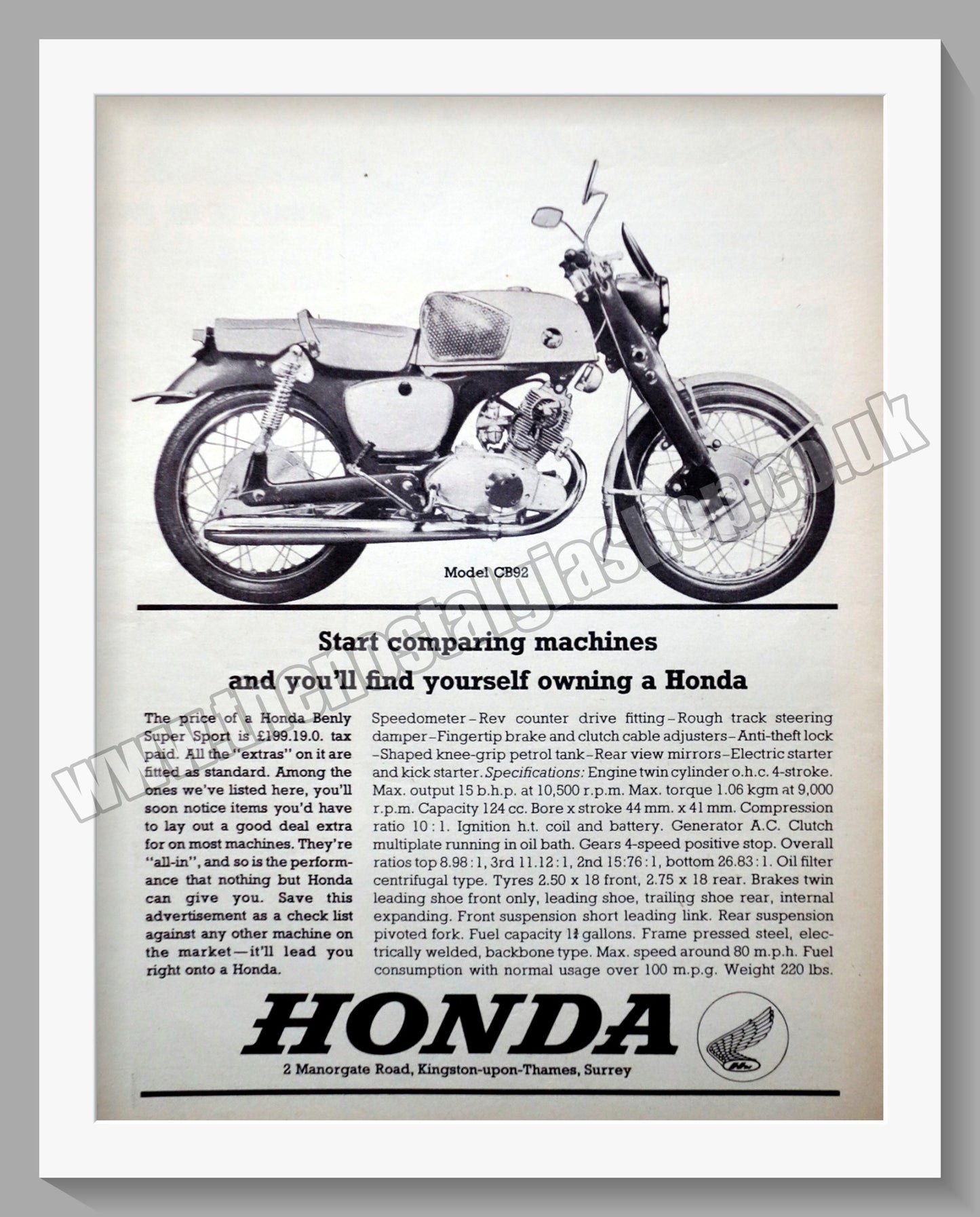 Honda CB92 Motorcycle.  1963 Original advert (ref AD58173)