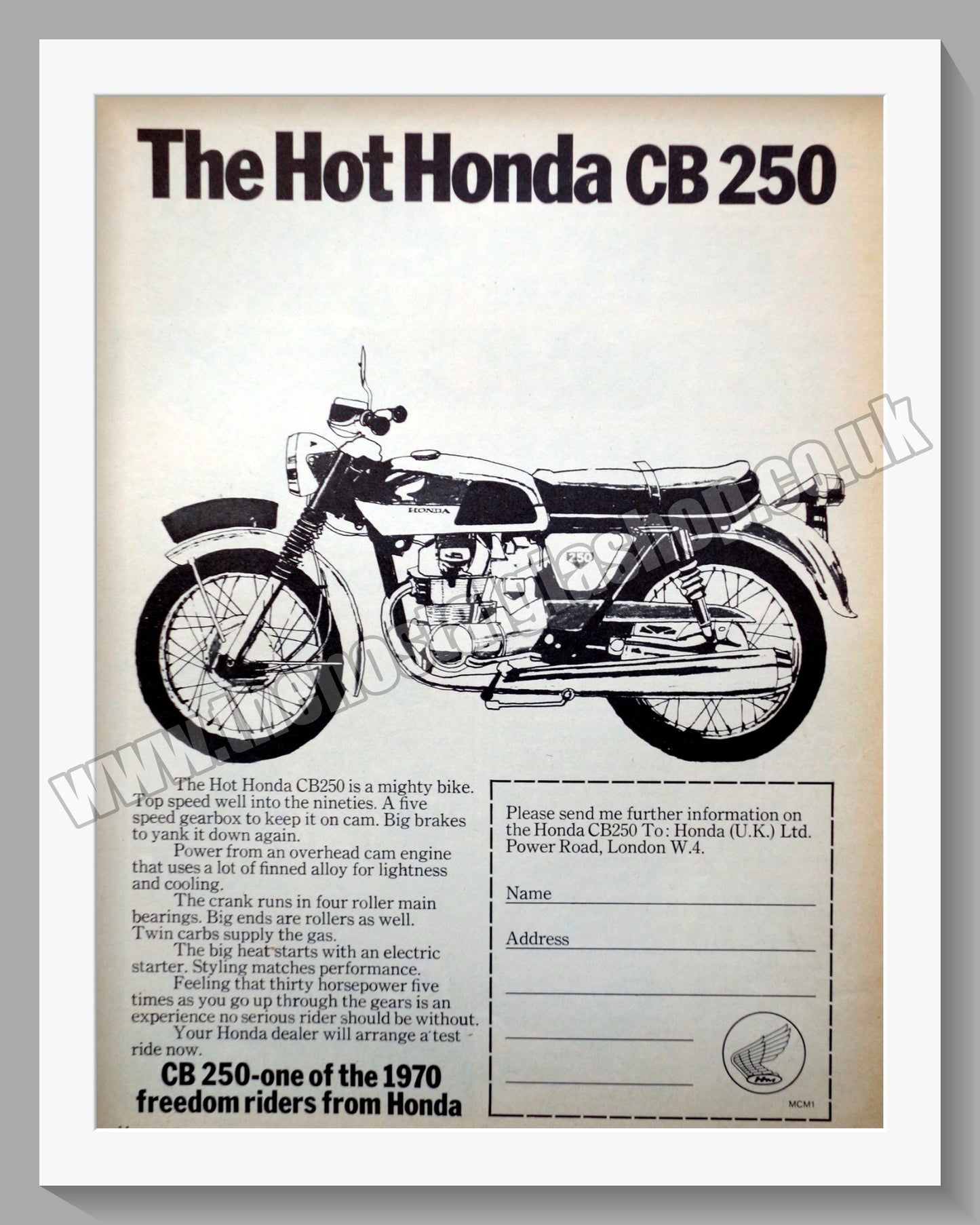Honda CB250 Motorcycle.  1970 Original advert (ref AD58175M)