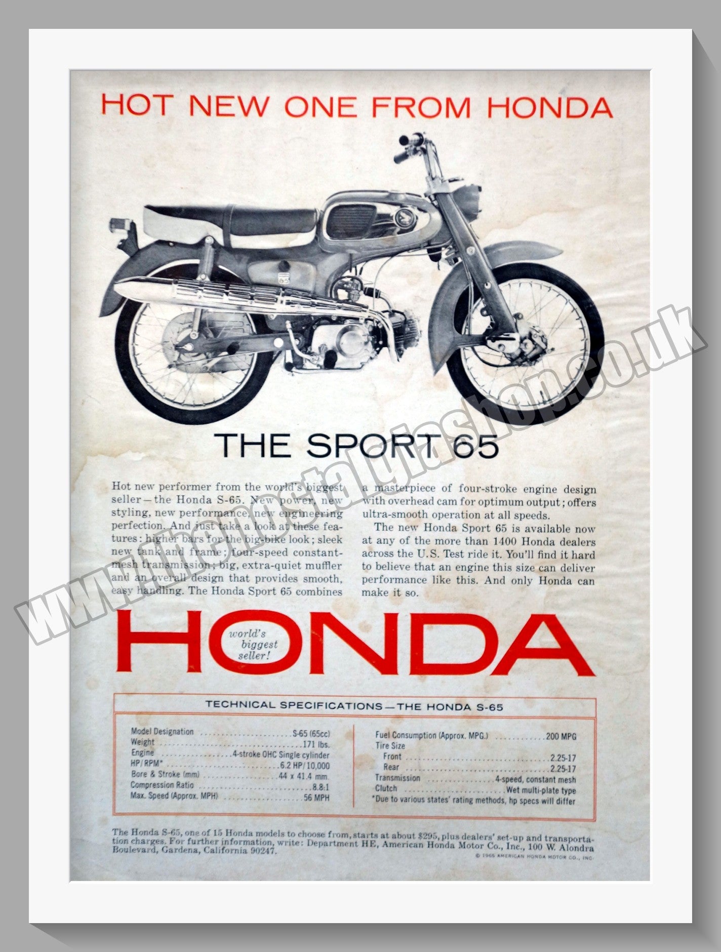 Honda S-65 Motorcycle. 1965 Original advert (ref AD58208)