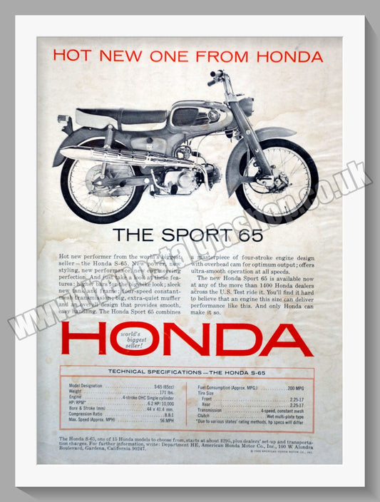 Honda S-65 Motorcycle. 1965 Original advert (ref AD58208)