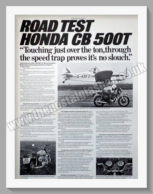 Honda CB500T Motorcycle Road Test. 1975 Original advert (ref AD58235)
