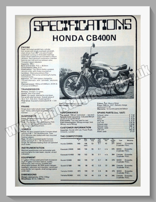 Honda CB400N Motorcycle Specification. 1978 Original advert (ref AD58236)