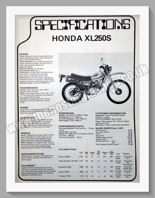Honda XL250S Motorcycle Specifications. 1978 Original advert (ref AD58237)