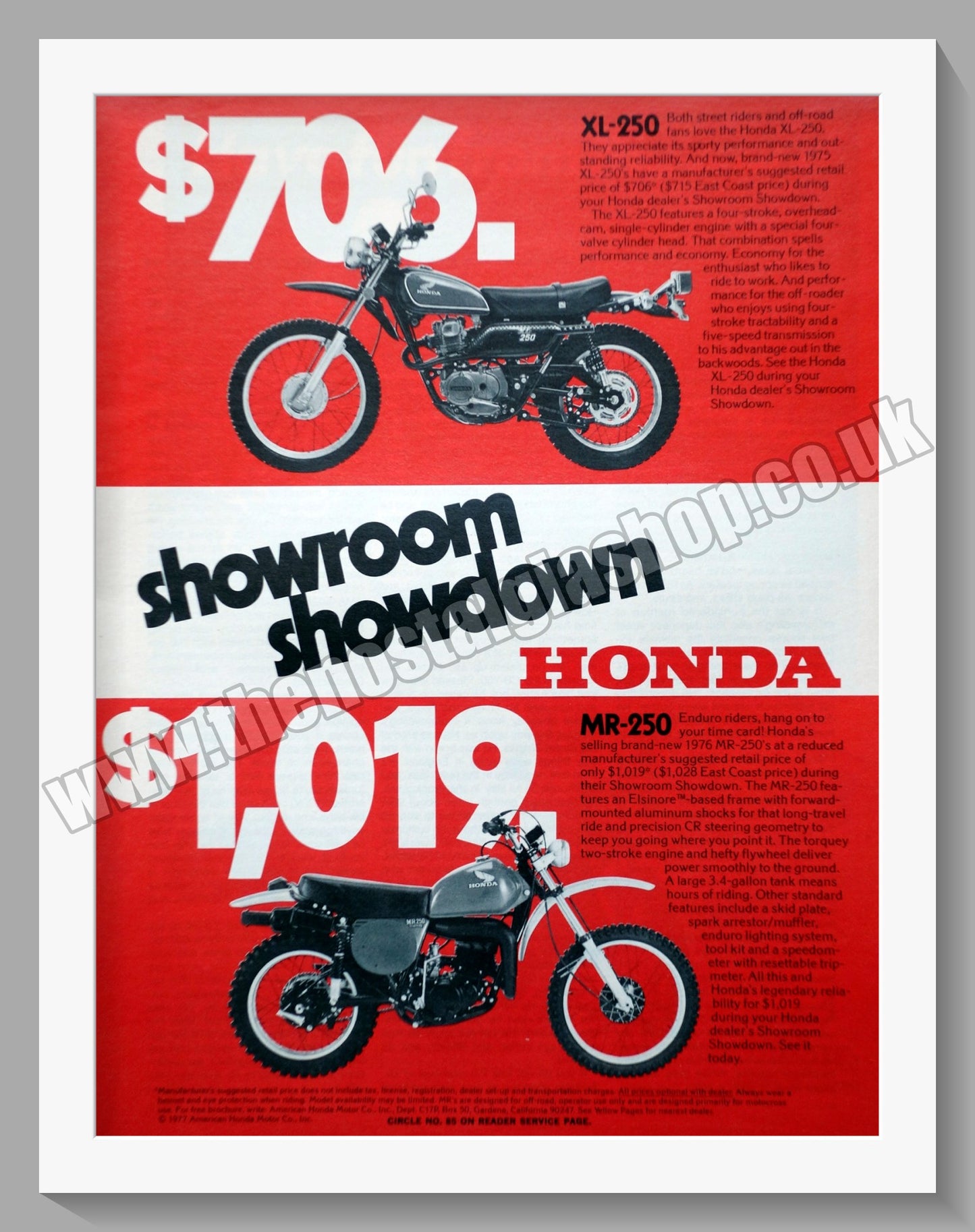 Honda Motorcycle Set Of 2. 1977 Original adverts (ref AD58242)