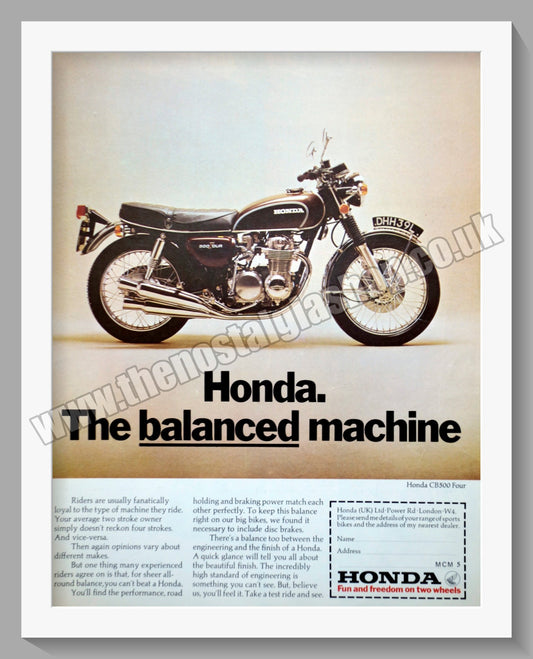 Honda CB500 Four Motorcycle. 1974 Original advert (ref AD58277)