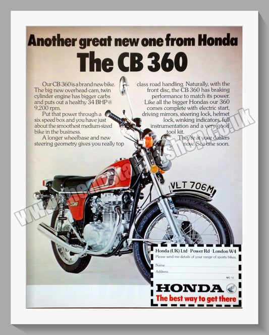 Honda CB360 Motorcycle. 1974 Original advert (ref AD58279)