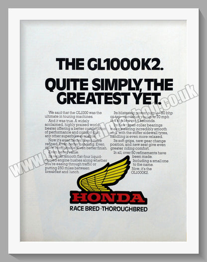 Honda GL1000K2 Motorcycle. 1977 Original Double Advert (ref AD58184)
