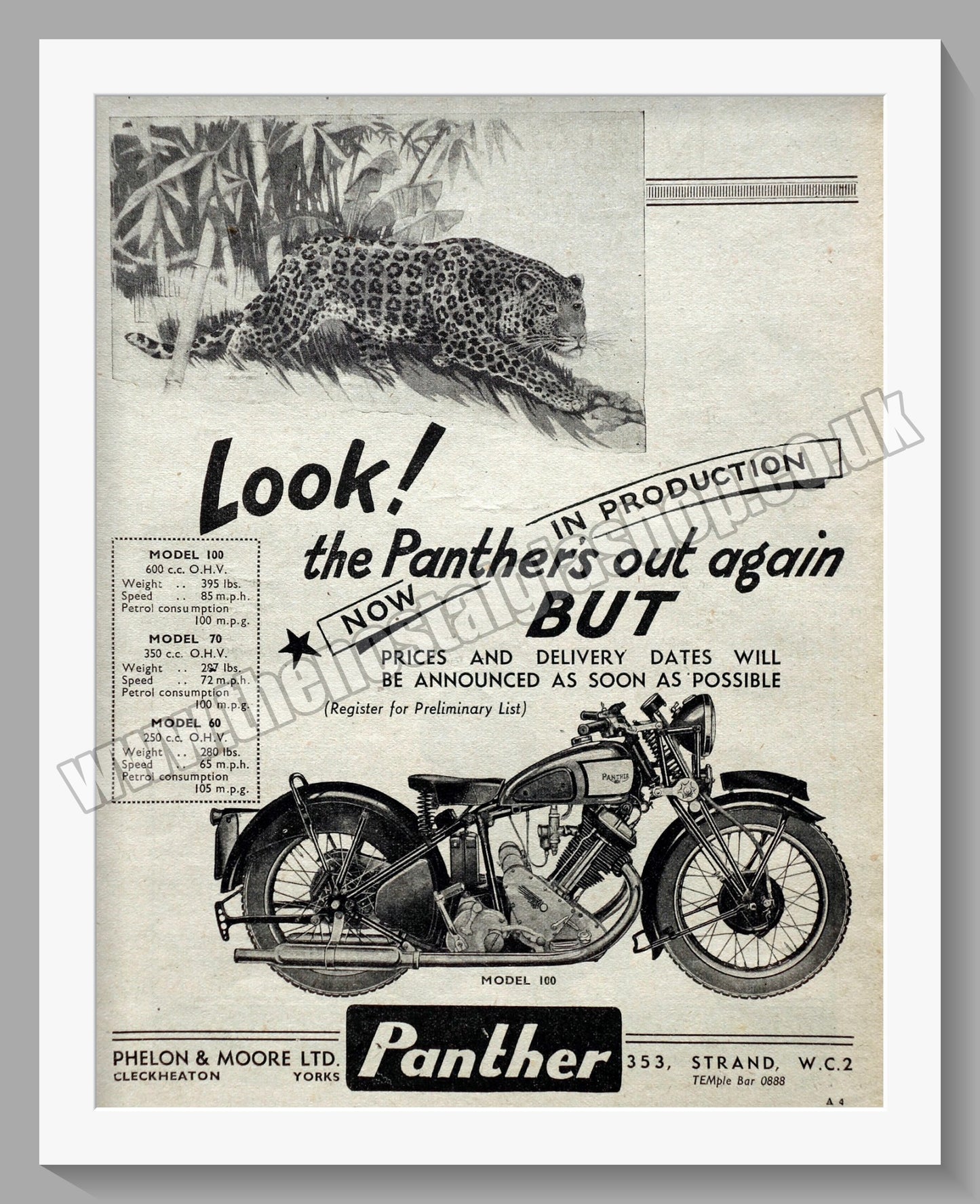 Panther Model 100 Motorcycle. Original Advert 1945 (ref AD58358)