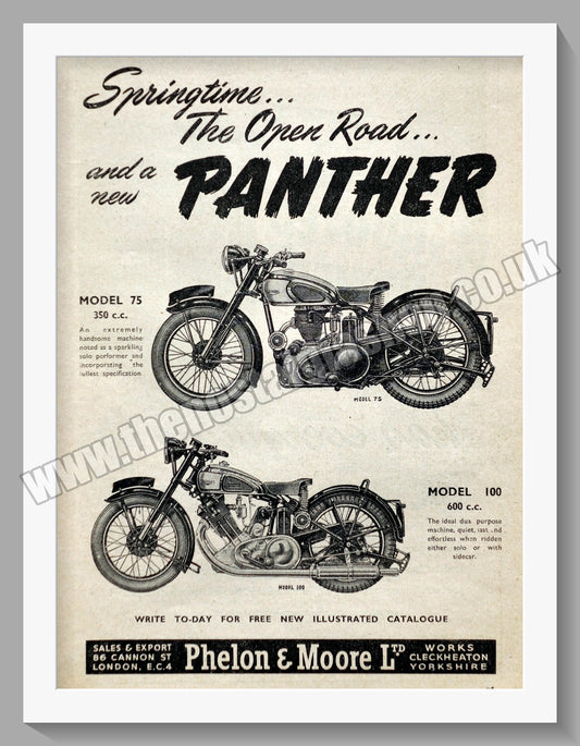 Panther Motorcycles. Model 75 and 100. Original Advert 1950 (ref AD58362)