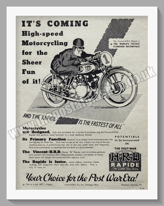 Vincent H.R.D. Rapide Motorcycle. Vintage Advert 1945 (ref AD58364)