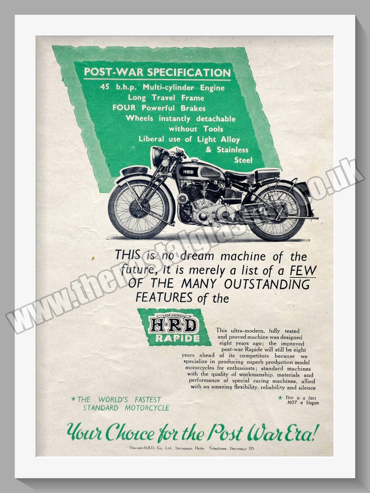 Vincent H.R.D. Rapide Motorcycle. Vintage Advert 1944 (ref AD58366)