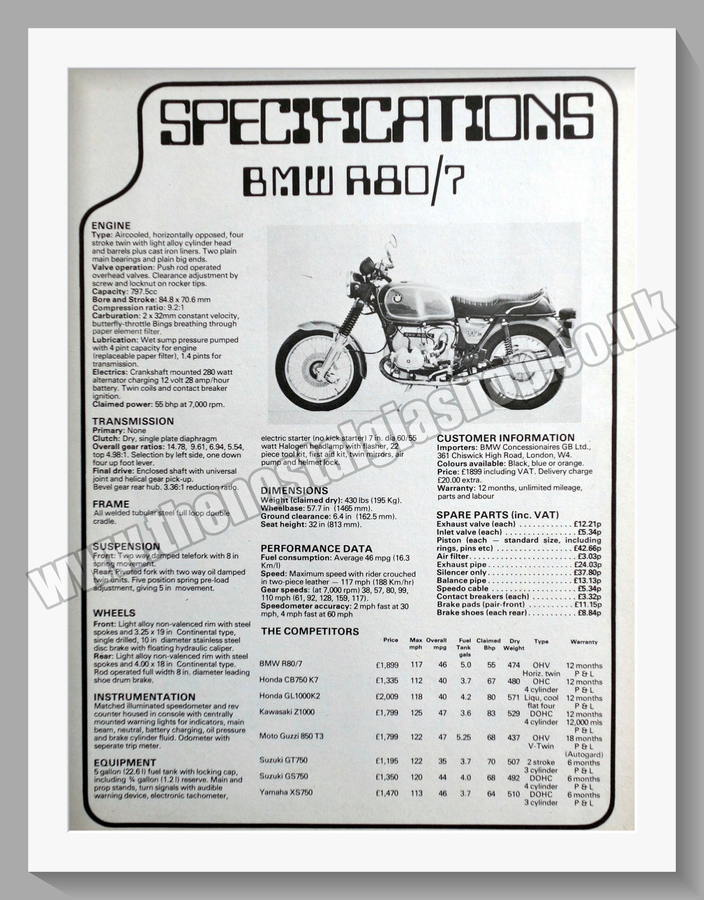 BMW R80 Motorcycle. Specifications Sheet. 1978 Original Advert (ref AD ...