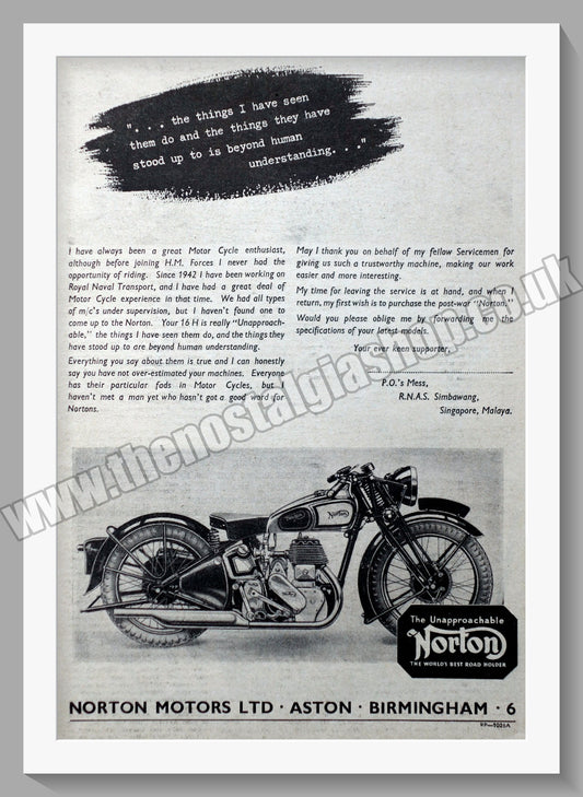 Norton Motorcycles. Original Advert 1946  (ref AD58422)