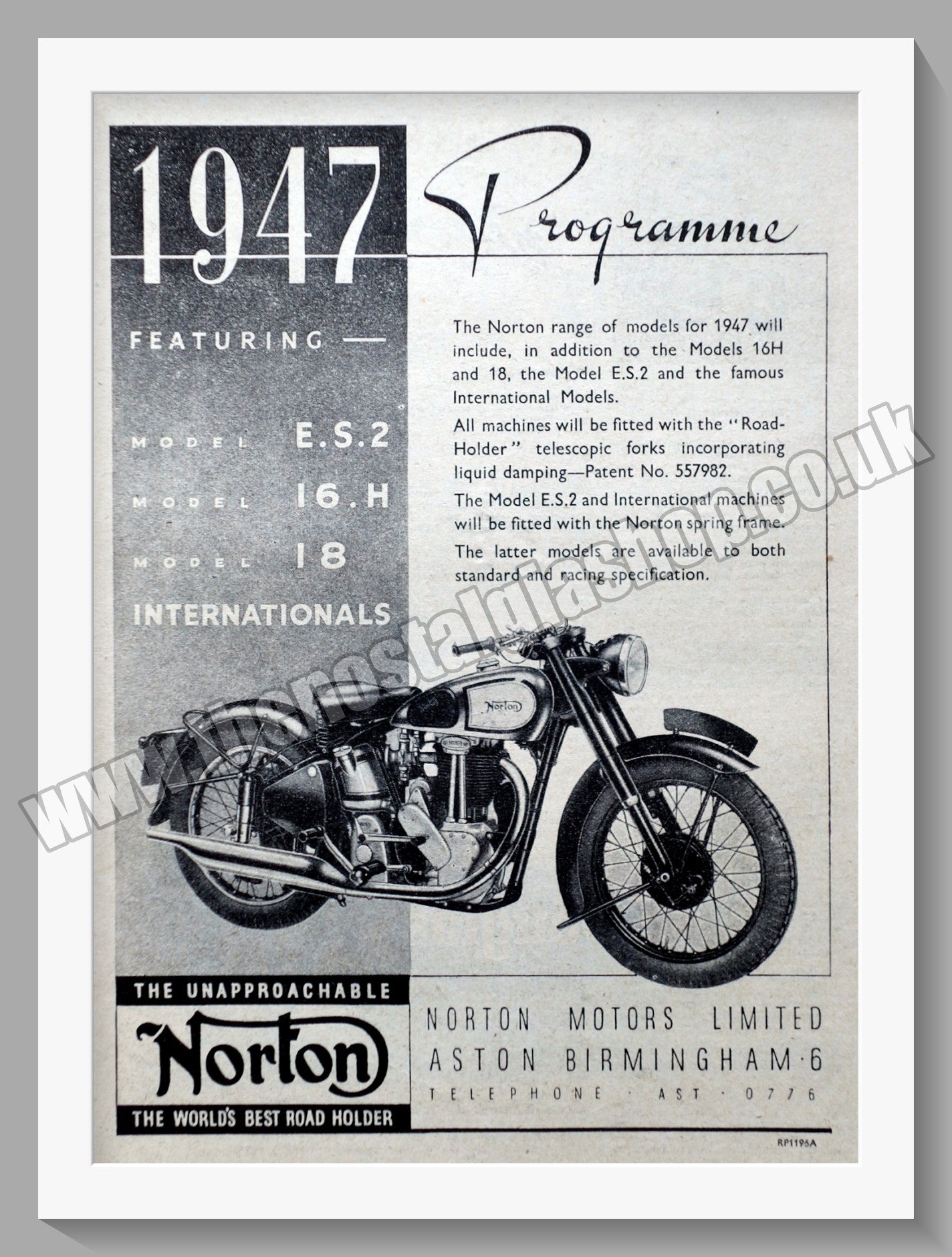 Norton Motorcycles 1947 Programme. Original Advert 1946  (ref AD58425)