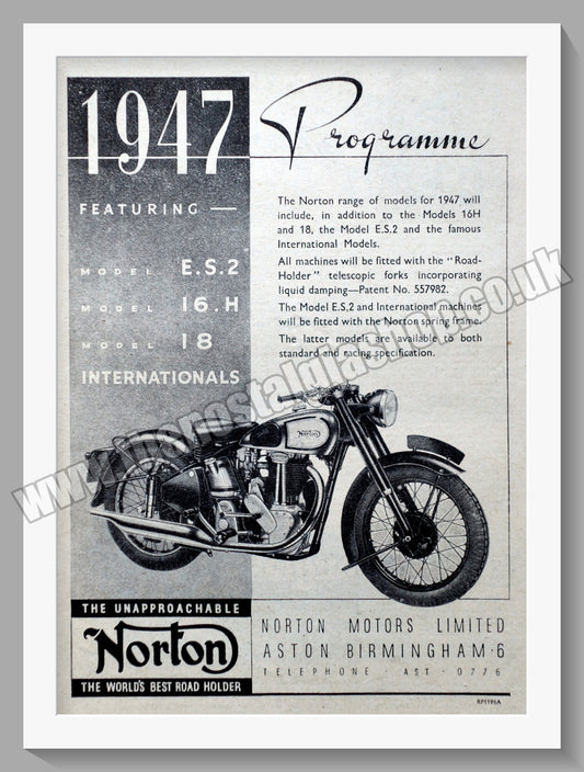 Norton Motorcycles 1947 Programme. Original Advert 1946  (ref AD58425)