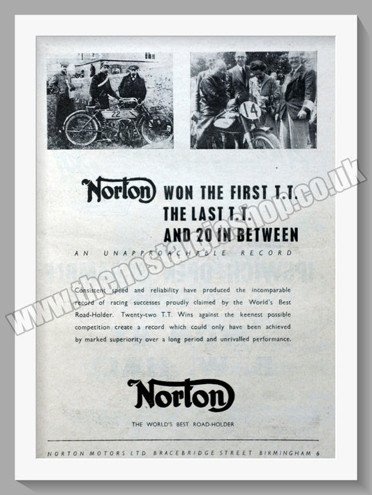 Norton Motorcycles T.T. Wins. Original Advert 1949  (ref AD58465)
