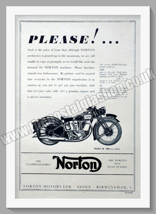 Norton Motorcycles. Original Advert 1945  (ref AD58477)