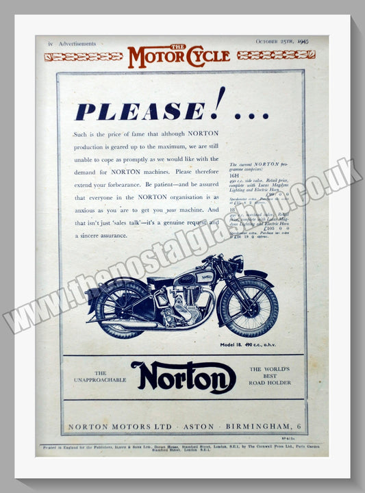 Norton Motorcycles. Original Advert 1945  (ref AD58478)