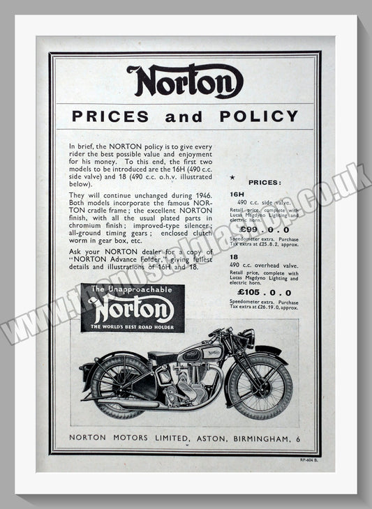 Norton Motorcycles Prices and Policy. Original Advert 1945  (ref AD58479)