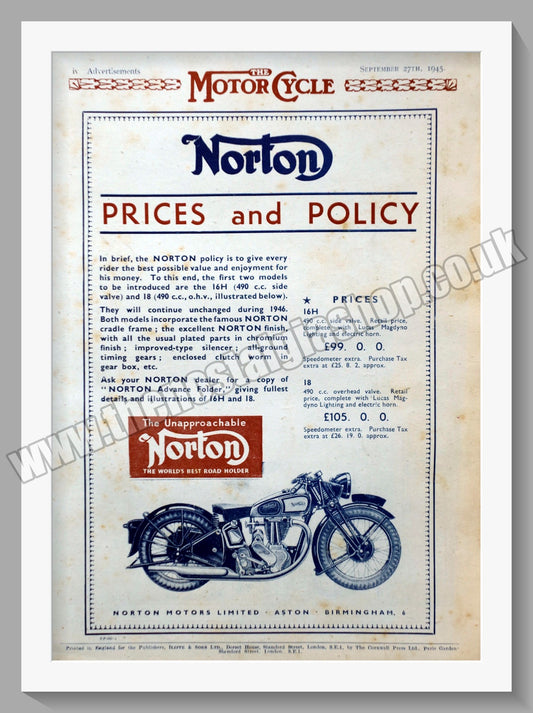Norton Motorcycles Prices and Policy. Original Advert 1945  (ref AD58480)