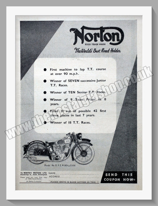 Norton Motorcycles. T.T. Victories. Original Advert 1938  (ref AD58486)
