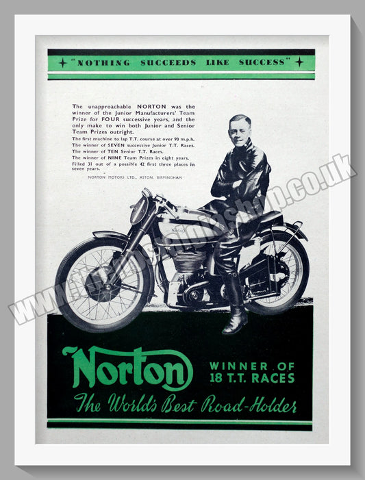 Norton Motorcycles. Winner of 18 T.T. Races. Original Advert 1942  (ref AD58493)