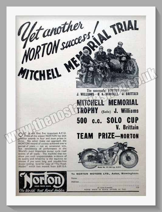 Norton Motorcycles Wins Mitchell Memorial Trial. Original Advert 1936  (ref AD58496)